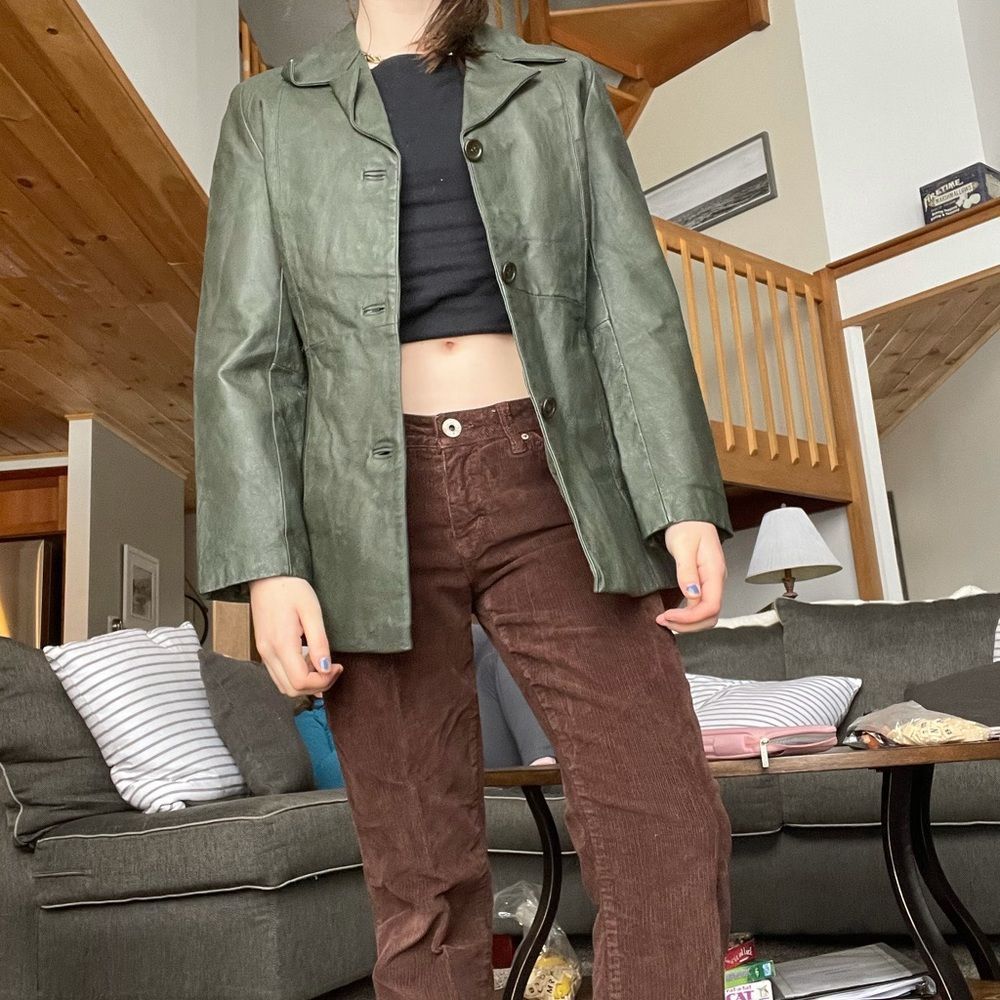 Green leather button jacket - Picture 3 of 7